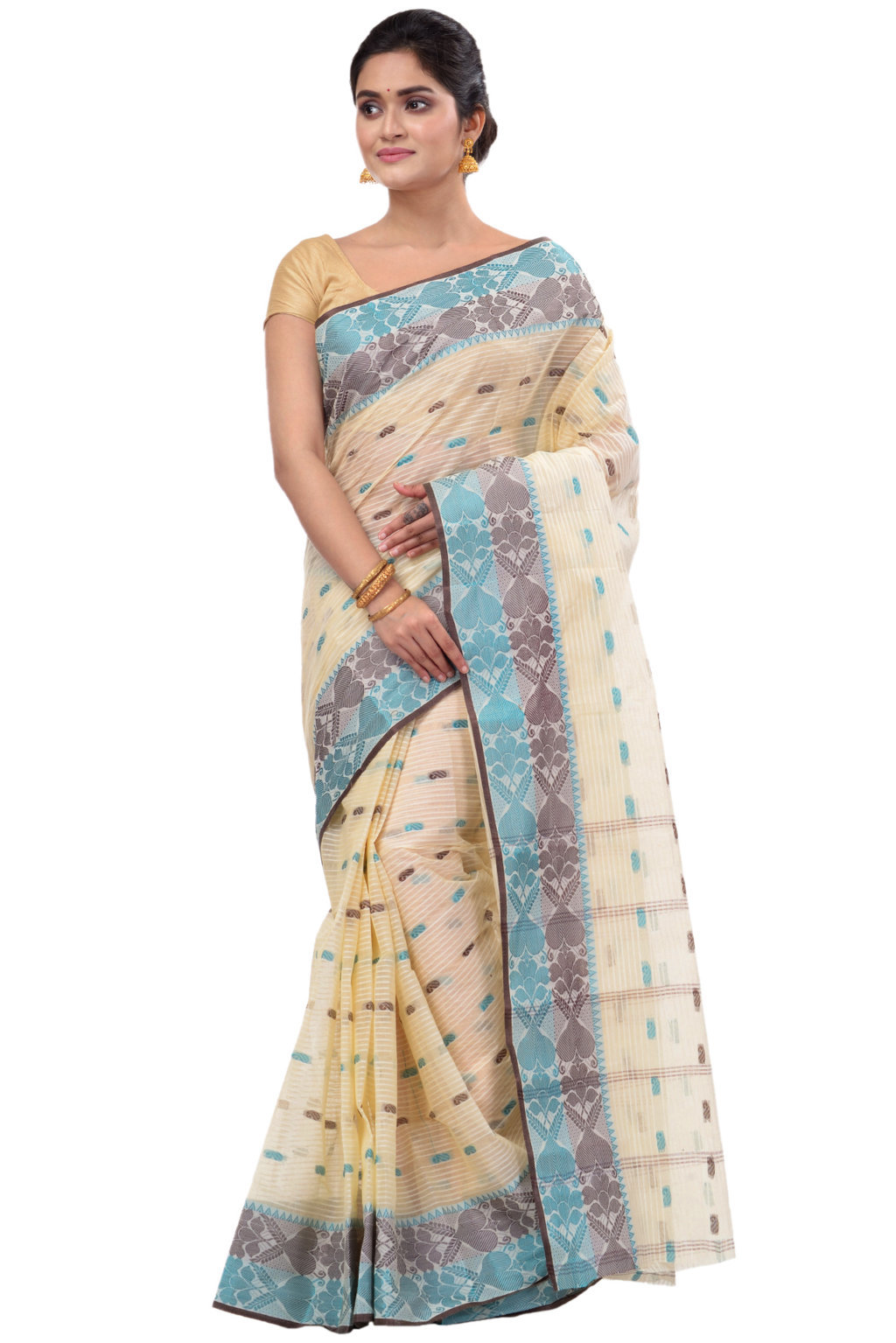 Green Brown Pure Cotton Aged_Women Tant Saree (405)